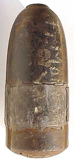 Three-inch Hotchkiss projectile showing iron body, lead band, and base